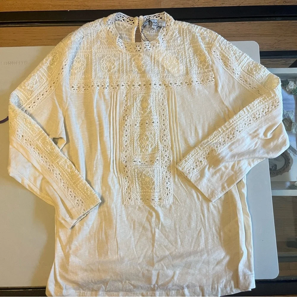 Lucky Brand Ivory Crochet Trimmed Cotton Slub Top SIZE SMALL - Picture 1 of 5